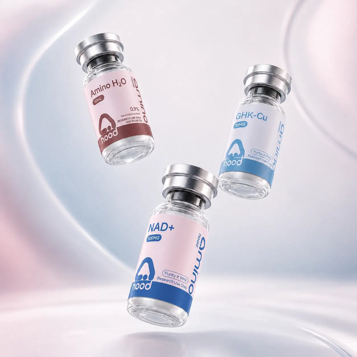 Aminohood Amino H2O, GHK-Cu 100 mg and NAD+ 500 mg research vials
