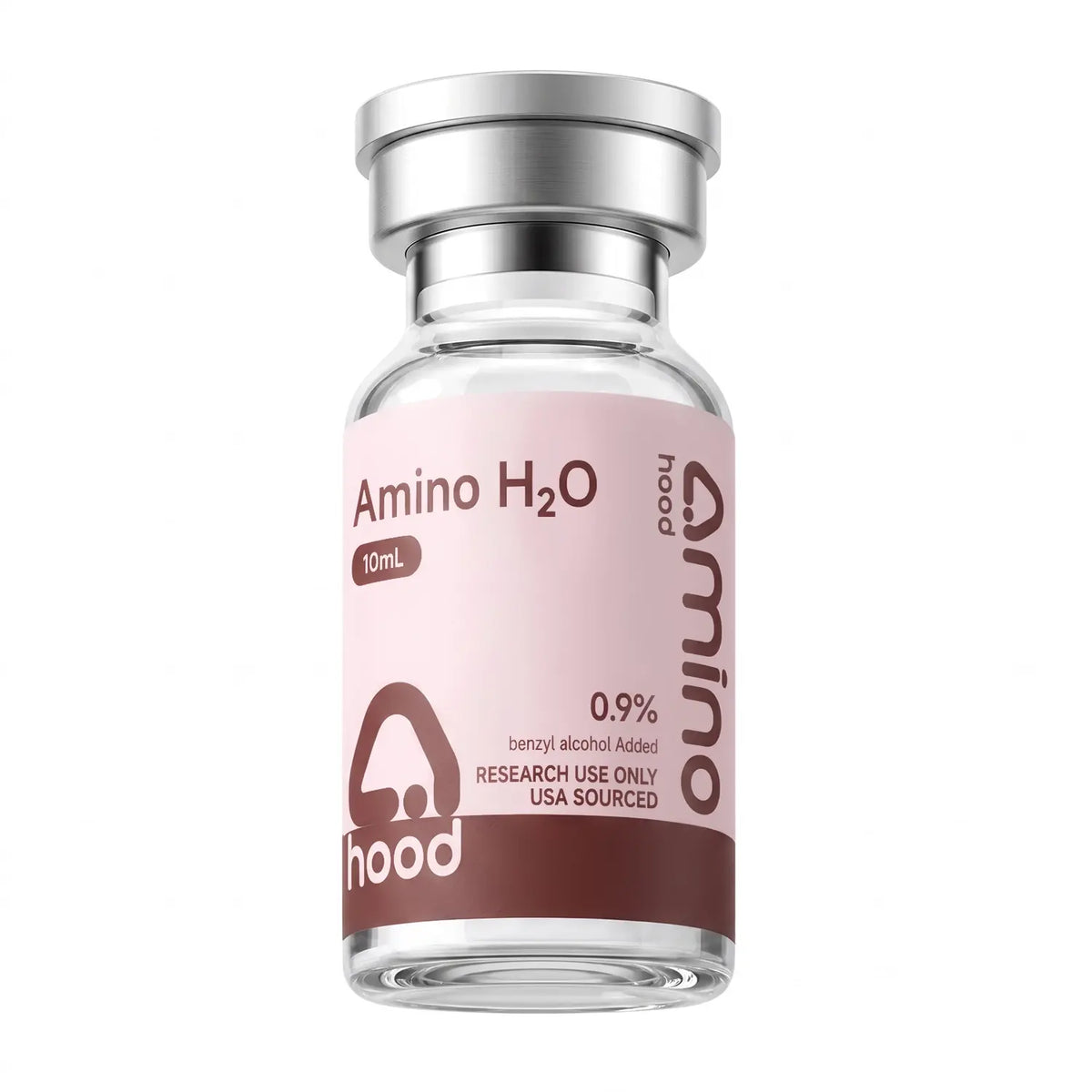 Aminohood Amino H2O 10 mL research water vial with 0.9% benzyl alcohol on white background