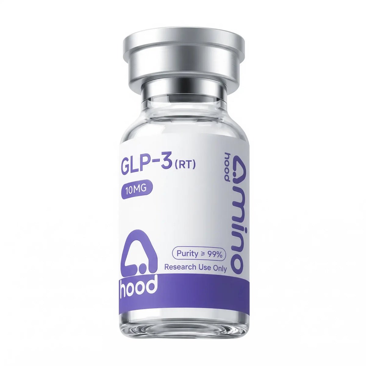 Aminohood GLP-3 (RT) 10 mg research peptide vial with 99%+ purity label on white background