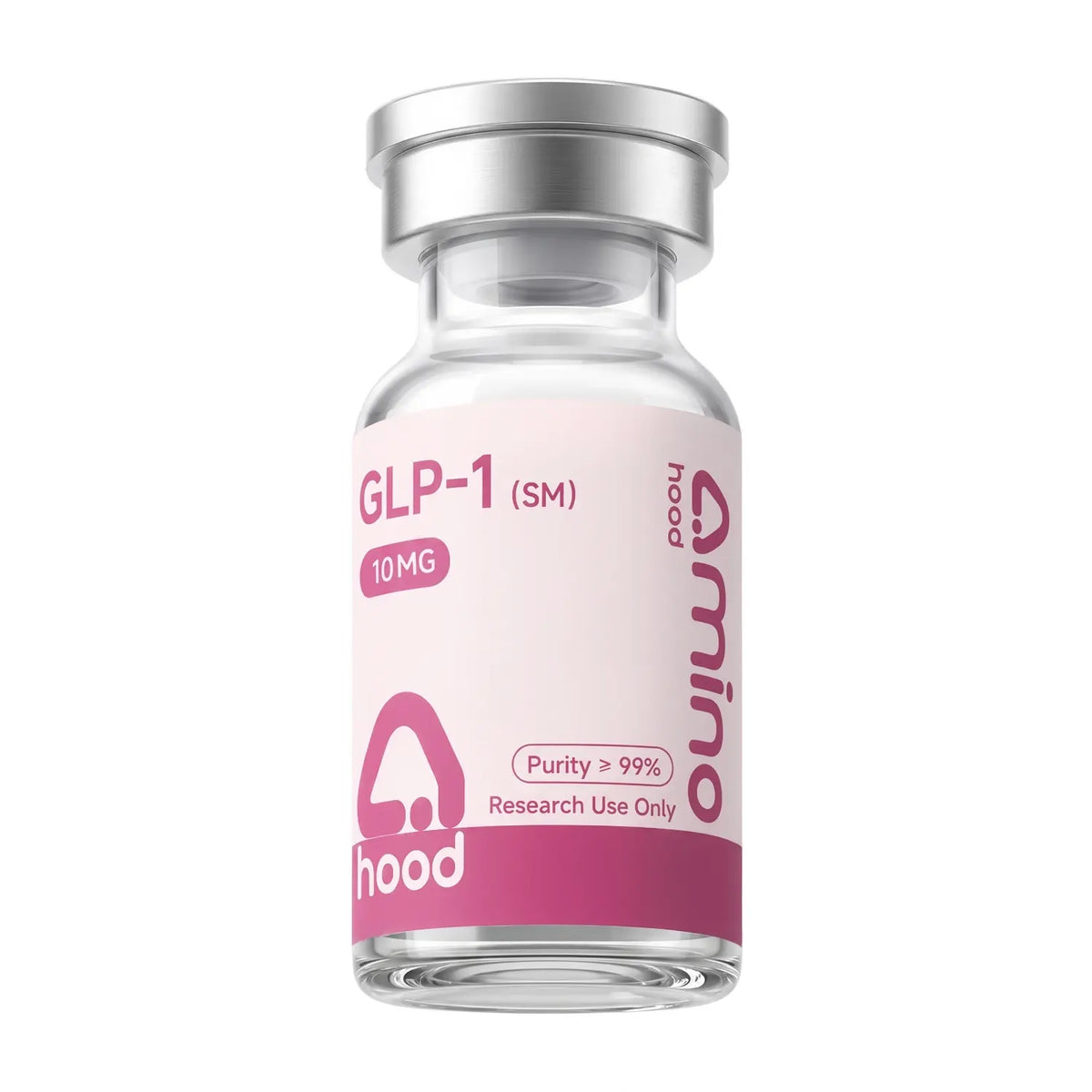 Aminohood GLP-1 (SM) 10 mg research peptide vial with 99%+ purity label on white background