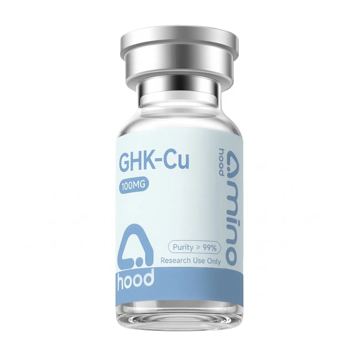 Aminohood GHK-Cu 100 mg research peptide vial with 99%+ purity label on white background