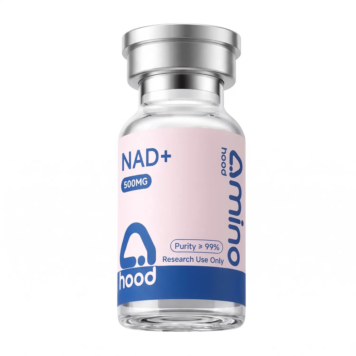 Aminohood NAD+ 500 mg research vial with 99%+ purity label on white background