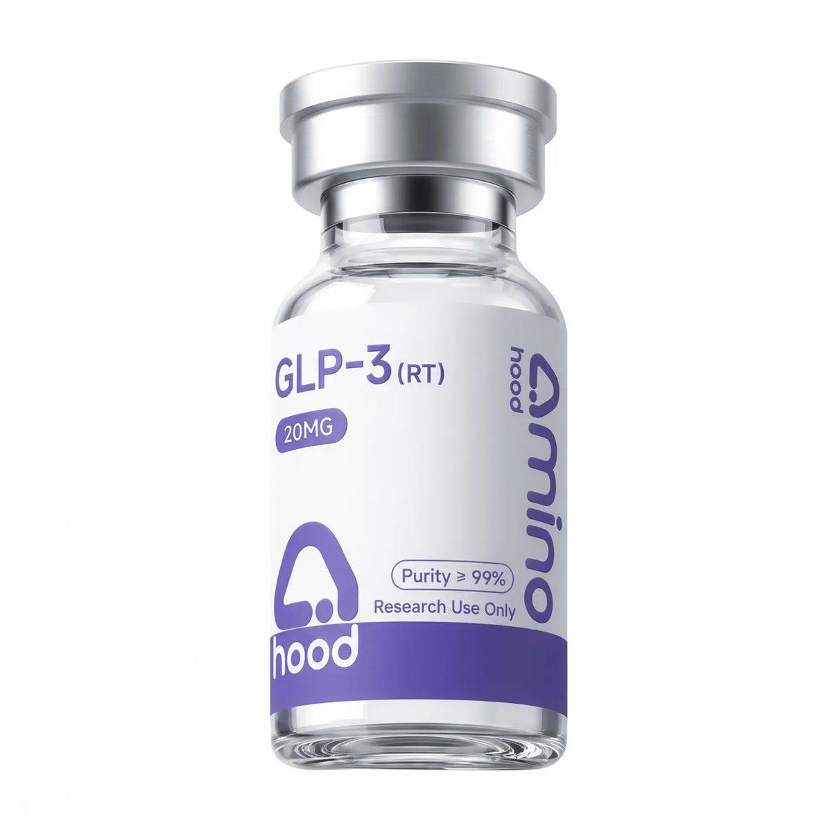 Aminohood GLP-3 (RT) 20 mg research peptide vial with 99%+ purity label on white background