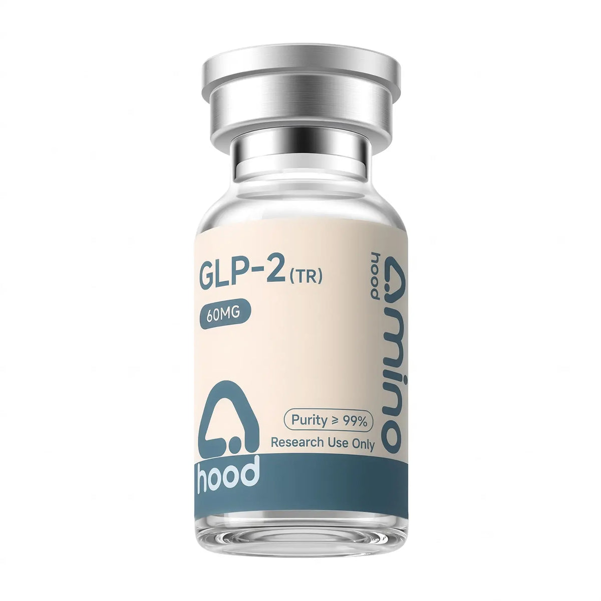 Aminohood GLP-2 (TR) 60 mg research peptide vial with 99%+ purity label on white background
