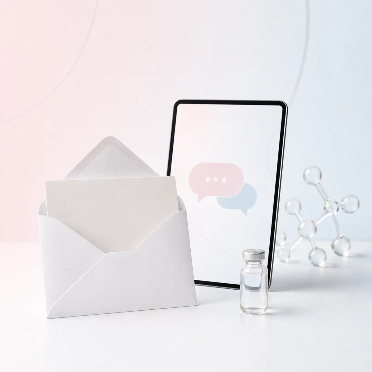 Email and online support illustration with research vial and molecular model
